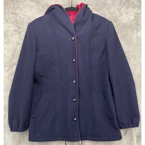 VTG Women's Authentic Mackintosh Vest Coat‎ Hooded Size 8 Navy/Red Wool USA
